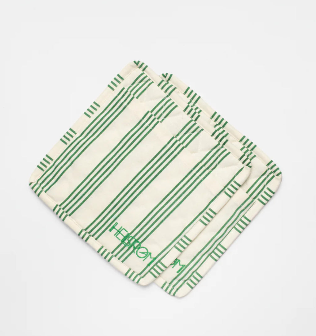 Grytelapp 2 pk m/lomme - kremhvit m/grønne striper