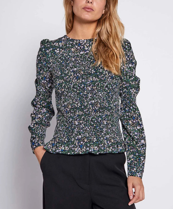 Sabby smock top black/Blue flower print