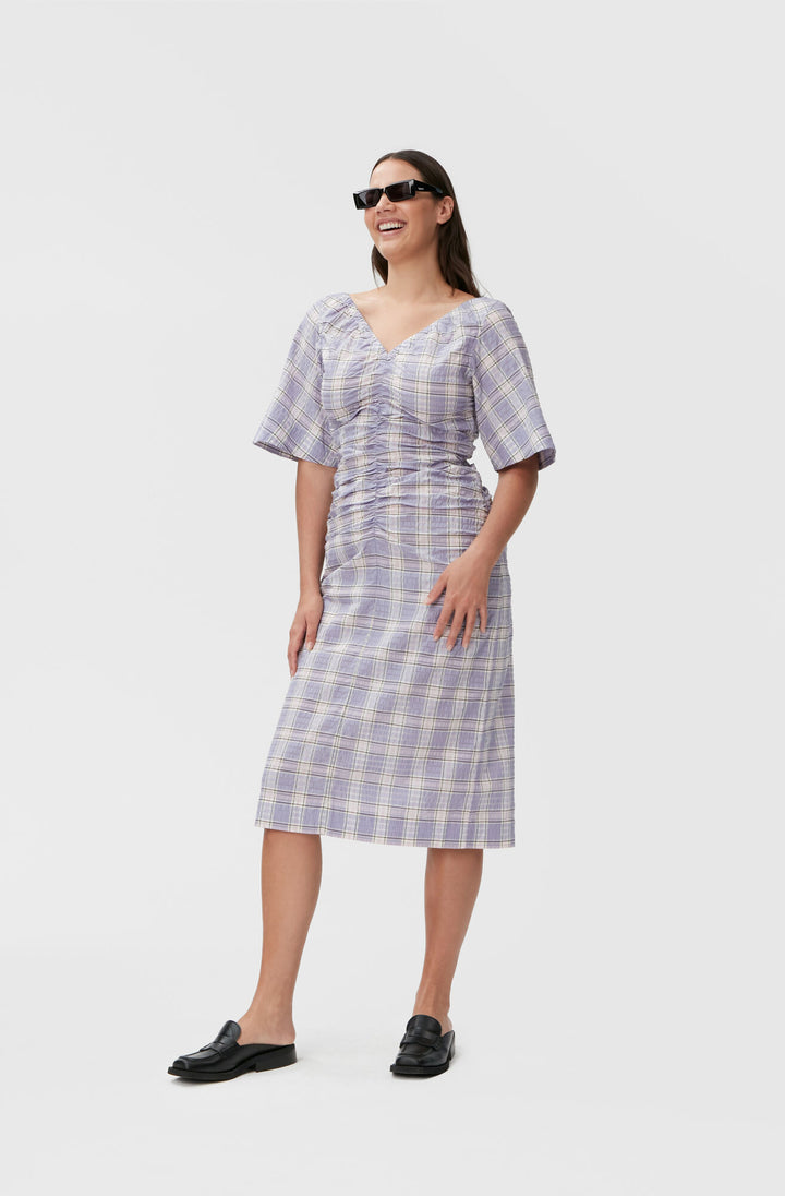 Seersucker Check V-neck Fitted Midi Dress