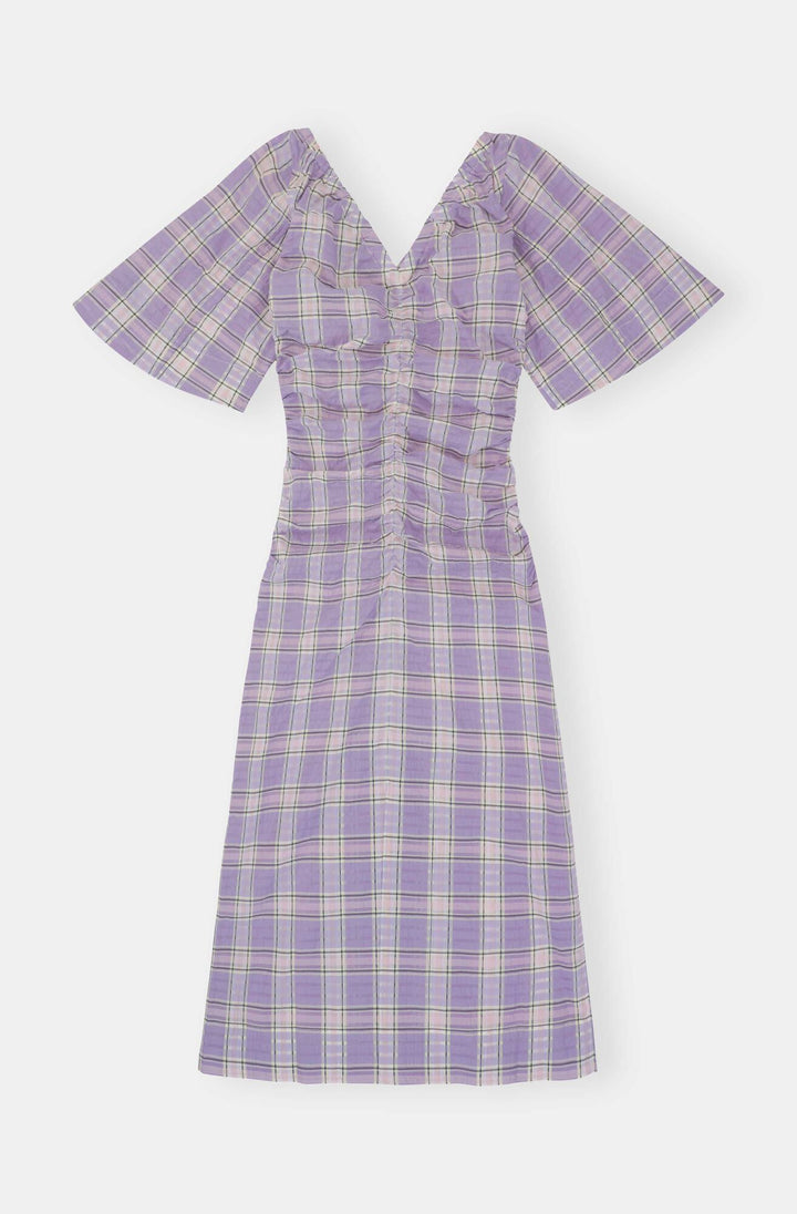 Seersucker Check V-neck Fitted Midi Dress